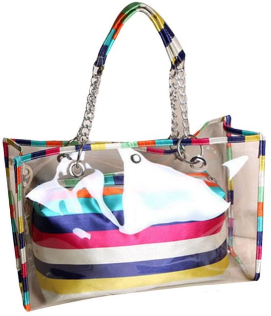 LA HAUTE Women Girls Summer Transparent Jelly Beach Tote Bags Vintage Print PVC Waterproof Swimming Shoulder Bags with Cosmetics Bags