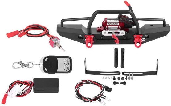 Dilwe RC Car Front Bumper with Winch, Aluminum Alloy Front Bumper with Winch Wireless Remote Controller for RC Car Crawler Upgrade Part
