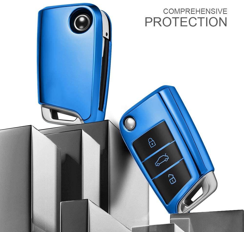 OATSBASF Car Key Cover Compatible with VW,Car Key Case for VW Golf 7 Polo Skoda Seat TPU Silicone 3 Buttons Box (Blue) - Image 4