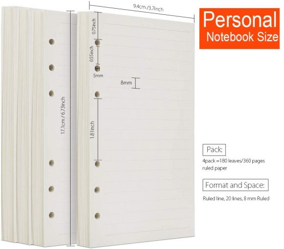 FANDAMEI 4 Packs A6 Ruled Line Paper Refills for Filofax Personal Organiser - 180 Sheets 17.1x9.4cm 6-Ring Personal Binder Planner Refillable Lined Paper, Filofax Personal Inserts Loose Leaf Page - Image 2