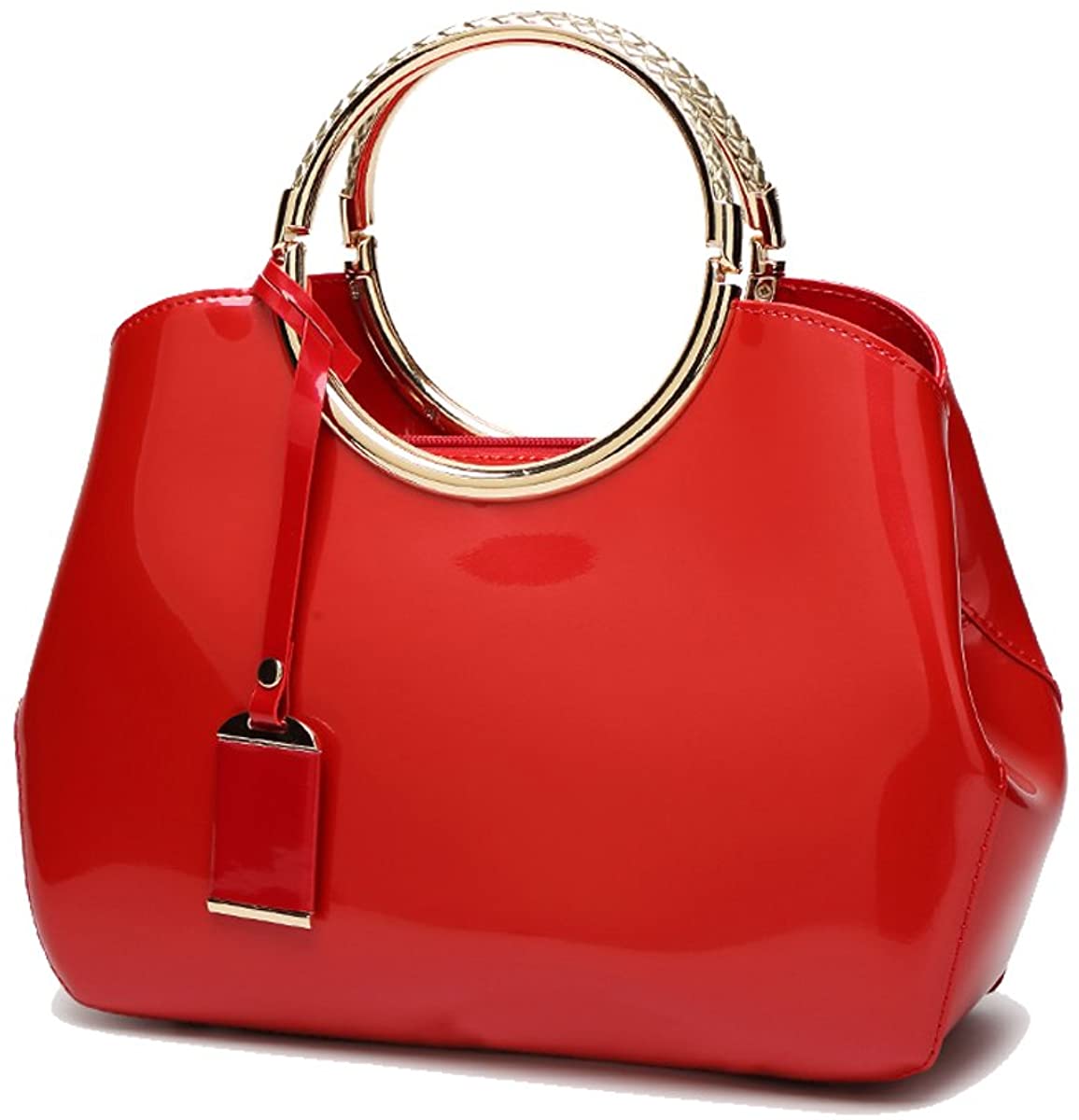 Coolives Womens Ring Handle PU Patent Leather Handbag Red
