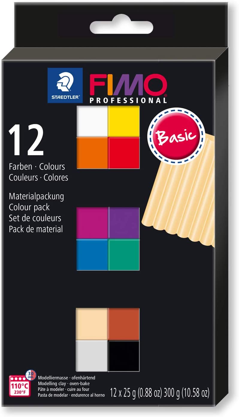 STAEDTLER 8043 C12-1 FIMO Professional Oven-Hardening Polymer Modelling Clay - Assorted Colours (Pack of 12 x 25g Blocks), Basic-farben