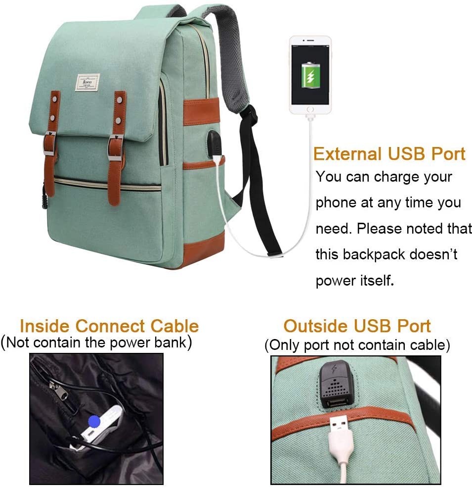 Ronyes College Bag Fits up to 15.6’’ Laptop Casual Rucksack Waterproof Business Travel School Backpack Daypacks with USB Unisex(LightGreen) - Image 2
