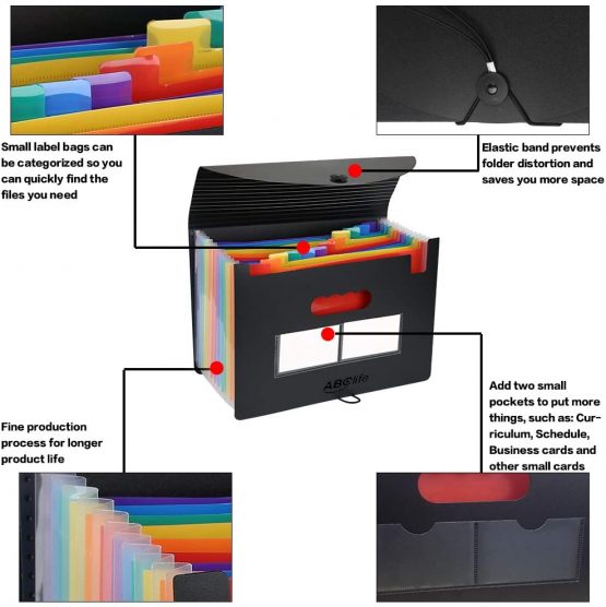 Expanding File Folder - ABC life 12 Pockets Portable Rainbow A4 File Organiser Self Standing Accordion Document Filing Box High Capacity Storage Bag for Home & Office & School (12 Pocket with Cover) - Image 2