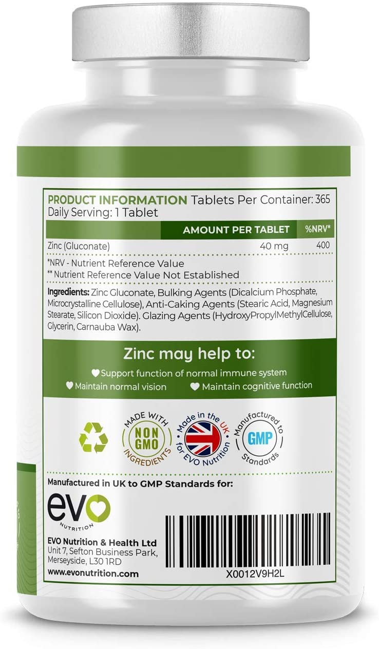 Zinc Tablets 40mg 365 Vegan Tablets (12 Months Supply) High Strength