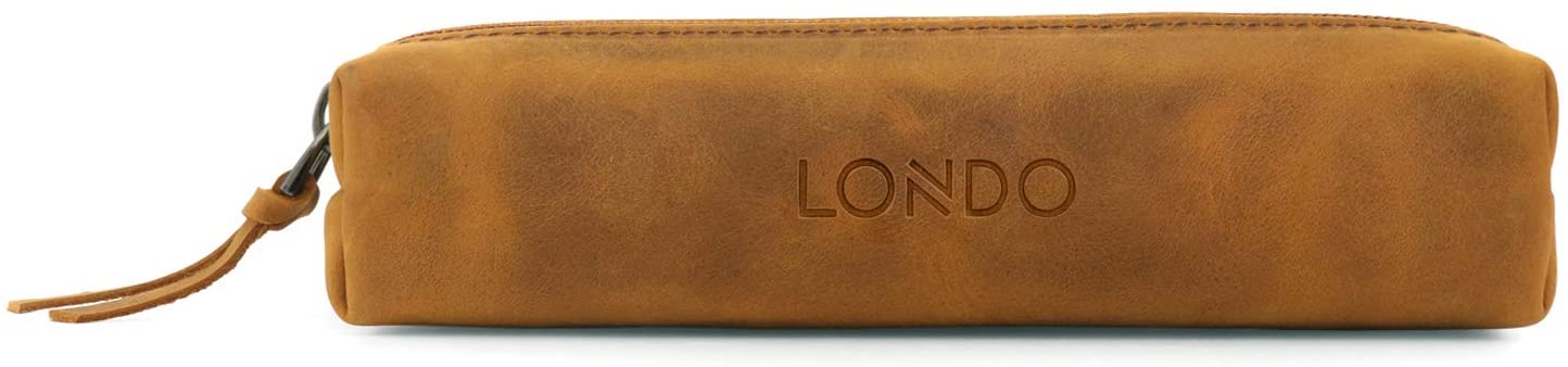 LONDO Genuine Leather Zipper Pen, Pencil & Cosmetic Case - Pouch Stationery Bag, Camel - Image 4