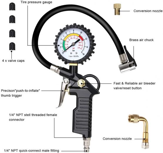 URAQT Tyre Pressure Gauge, 220 PSI Tyre Inflator with Pressure Gauge Air Compressor, Valve Air Chuck and 90 Degree Valve Extender for Heavy Duty Car Motorcycle Bicycle - Image 2