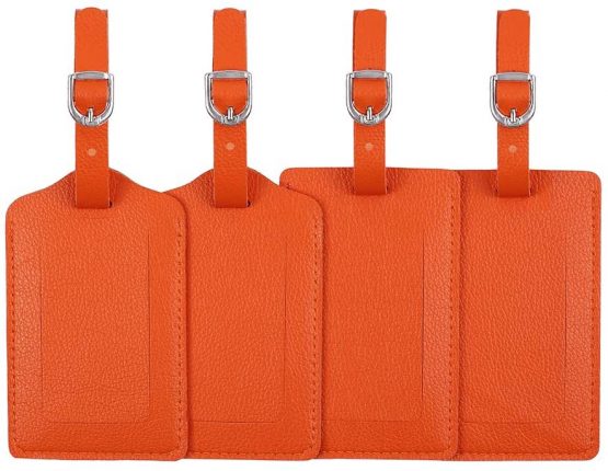 Luggage Tags, Microfiber Leather Personalized Suitcase Tag Set Luggage id Tags Labels Travel Accessories-Set of 4(Orange)