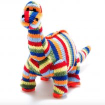 Small Knitted Multi Striped Diplodocus Dinosaur Baby Rattle. Suitable from Birth