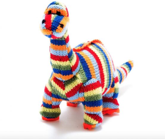 Small Knitted Multi Striped Diplodocus Dinosaur Baby Rattle. Suitable from Birth