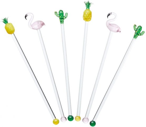 BarCraft BCSTIRASTD Tropical Chic Novelty Glass Cocktail Stirrers (Set of 6)