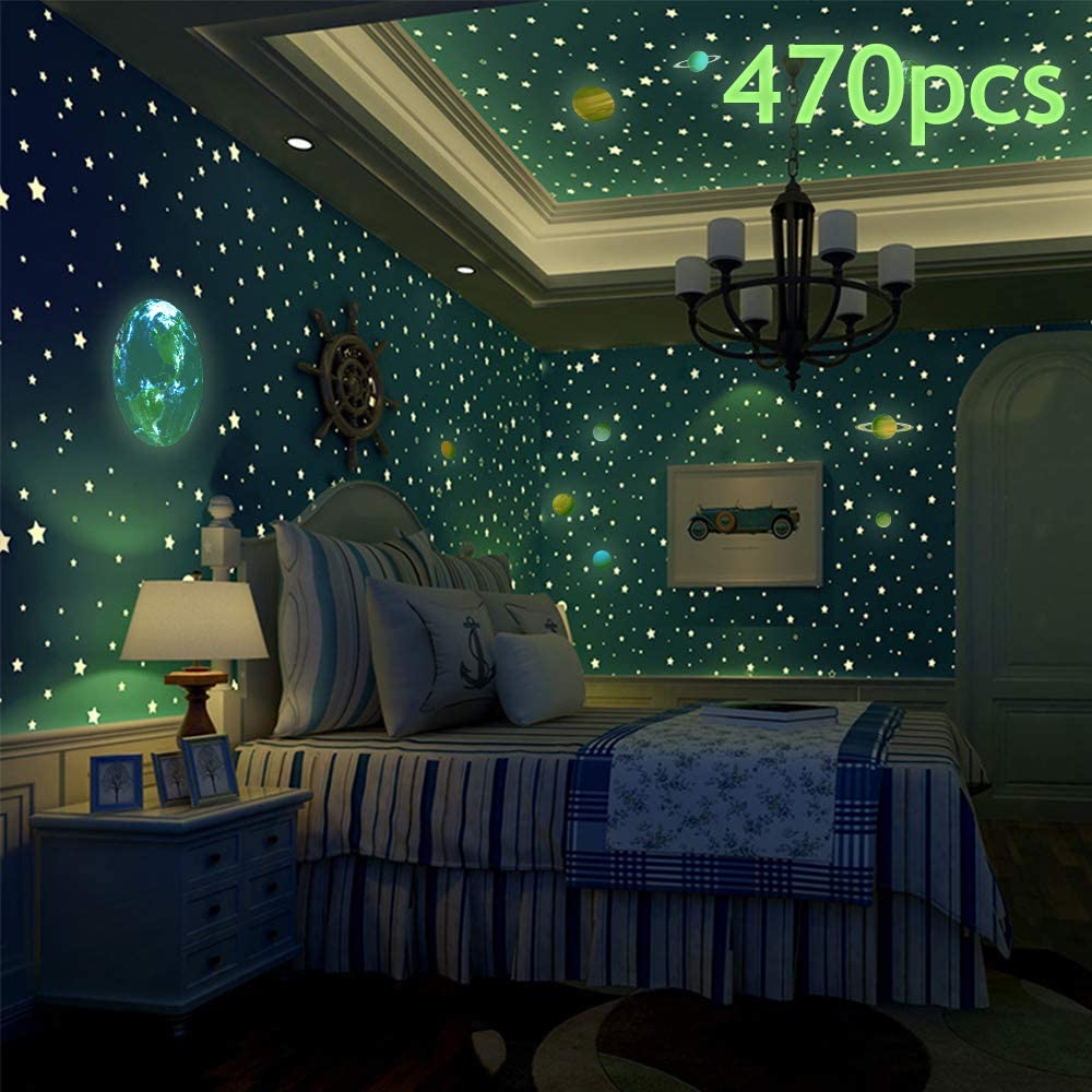 SnailGarden 470Pcs Glow in The Dark Stars and Planets,Luminous Dots Stars and Moon Wall Stickers for Nursery Baby Kids Bedroom Decoration Ceiling and Wall Decals