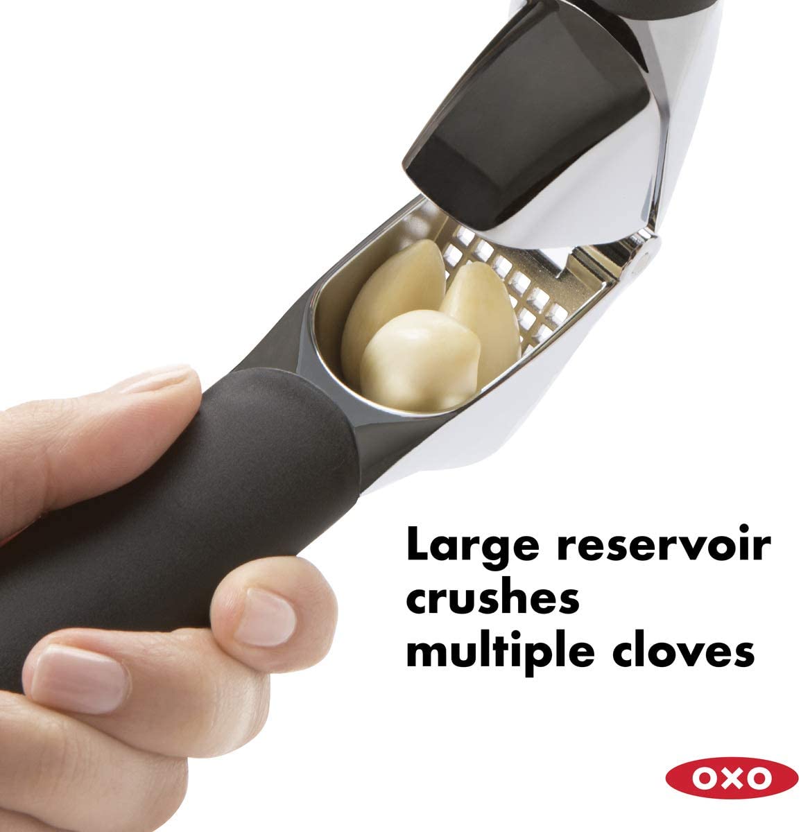 OXO Good Grips Garlic Press with Built-In Cleaner, Large Capacity Chamber, Heavy-Duty Zinc Construction, Dishwasher Safe - Image 3