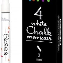 Fine Tip White Chalk Pens - Pack of 4 Chalk Markers - Use on Chalkboard, Windows, Blackboard, Signs, Glass, Bistro - Water Based Wet Wipe erasable Pen - 3mm Reversible Bullet & Chisel Tip