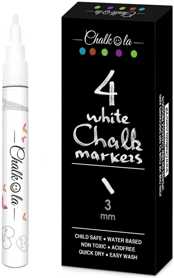 Fine Tip White Chalk Pens - Pack of 4 Chalk Markers - Use on Chalkboard, Windows, Blackboard, Signs, Glass, Bistro - Water Based Wet Wipe erasable Pen - 3mm Reversible Bullet & Chisel Tip