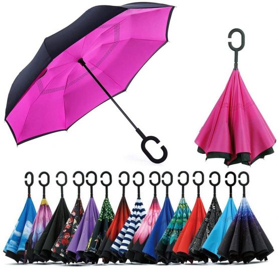 Jooayou Double Layer Inverted Umbrella, C Shape Handle Reverse Folding Umbrella, Anti-UV Windproof Travel Umbrella with Carrying Bag