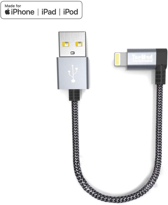 iPhone USB Cable TecMad iPhone Charge Cable [C89 Apple MFi Certified] 90 degree Nylon Braided Cable for iPhone 13 Pro MAX/12/11/Xs XR X 8 7 6S Plus SE, iPad mini 6/5, AirPods/iPad Air/PRO/iPod 0.65ft