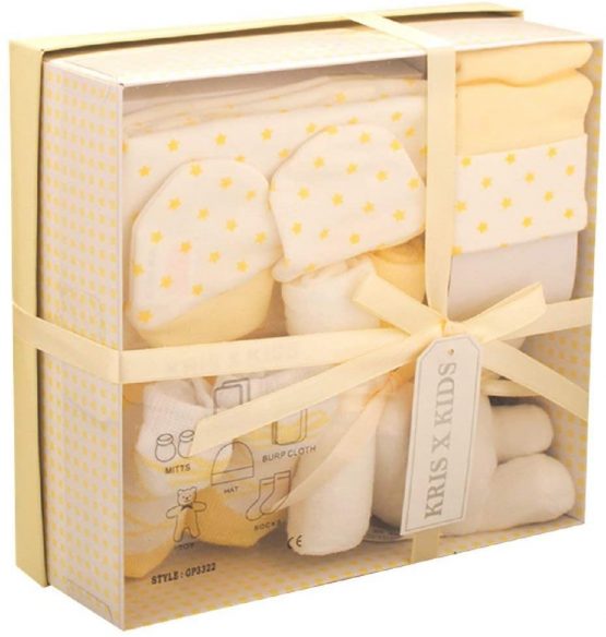 Newborn 7 Piece Luxury Boxed Gift Set, each box contains 1 x Teddy, 1 x Hat, 1 x Pair of Mittens, 2 x Wash Cloths, 1 x Pair of Socks and 1 x Burp Cloth Lemon set