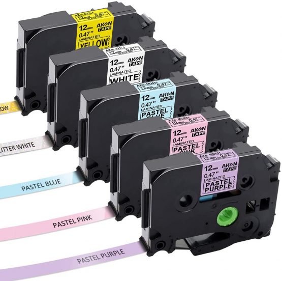Aken Compatible Label Tape Replacement for Brother Label Tape 12mm TZe Ptouch Label Tape, Use for PT-1000 100 H110 D210 D400-12mm 0.47 Black on Rainbow White Yellow Purple Pink Blue