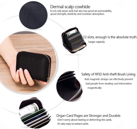 Meowoo Credit Card Holder RFID Blocking Genuine Leather Mini Credit Card Wallet Purse with Zipper for Women Men (Black) - Image 3