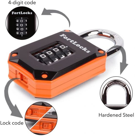 New FortLocks Combination Lock - 4 Digit Padlock for School & Gym Locker, Outdoor, Fence, Hasp, Storage, Case, Toolbox & Shed - Resettable All Weather (1 & 2 Pack) (2 Pack - Black/Orange) - Image 3