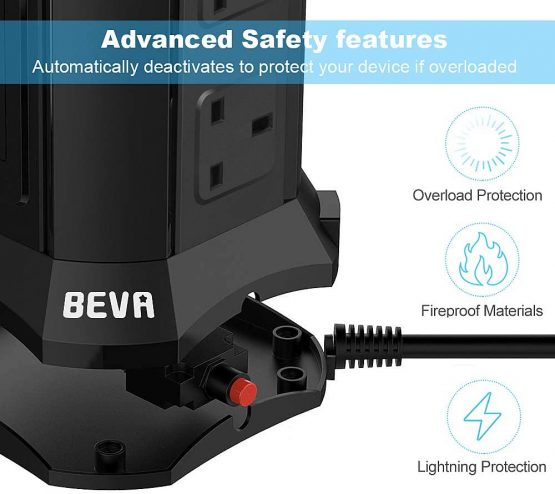 Tower Extension Lead, Vertical Power Strip with 6 sockets and 4 USB Ports, BEVA Multi Plug Charging Station with 2M Extension Cord for Home, Office, Black… - Image 3