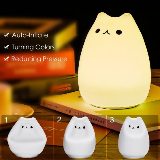 Children Night Light, 7 Colour LED Cute Silicone Cat Lamp, USB Rechargeable Touch-Control, Bedside Light Nursery Lamp for Baby Kid, Multicolor Fairy Light Decoration, Soft Decompression Toy Gift - Image 3