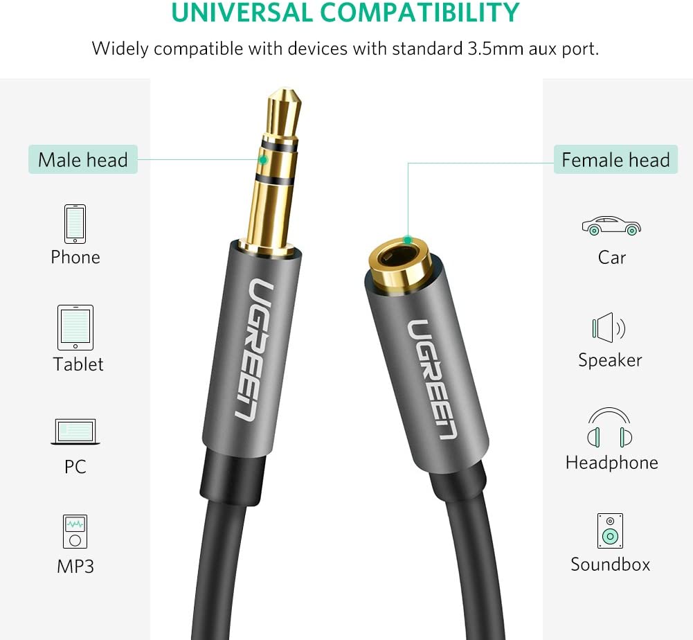 UGREEN 3.5mm Extension Cable 6.6FT Stereo Audio Auxiliary Jack Extender Lead Headphone Aux Extension Cord Male to Female Compatible with Headset Car TV PC MP3 Player Speaker Home Studio (2M) - Image 2