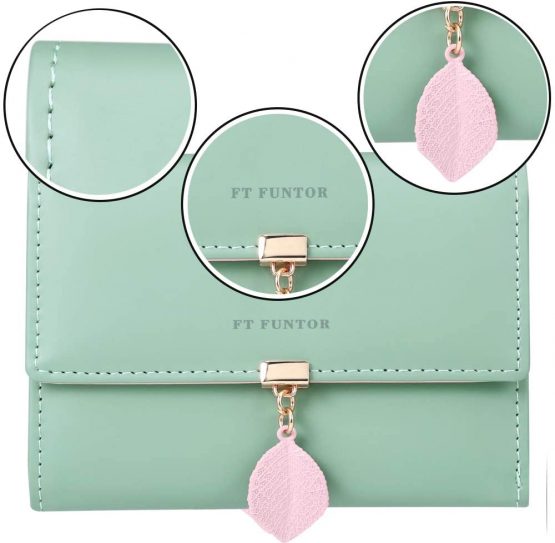 FT FUNTOR PU Leather Wallet for Women RFID-Blocking, Ladies Bifold Leaf Pendant Coin Zipper Small Purse with 5 Card Slots and 1 ID Window Card Holder Organizer (Green) - Image 4