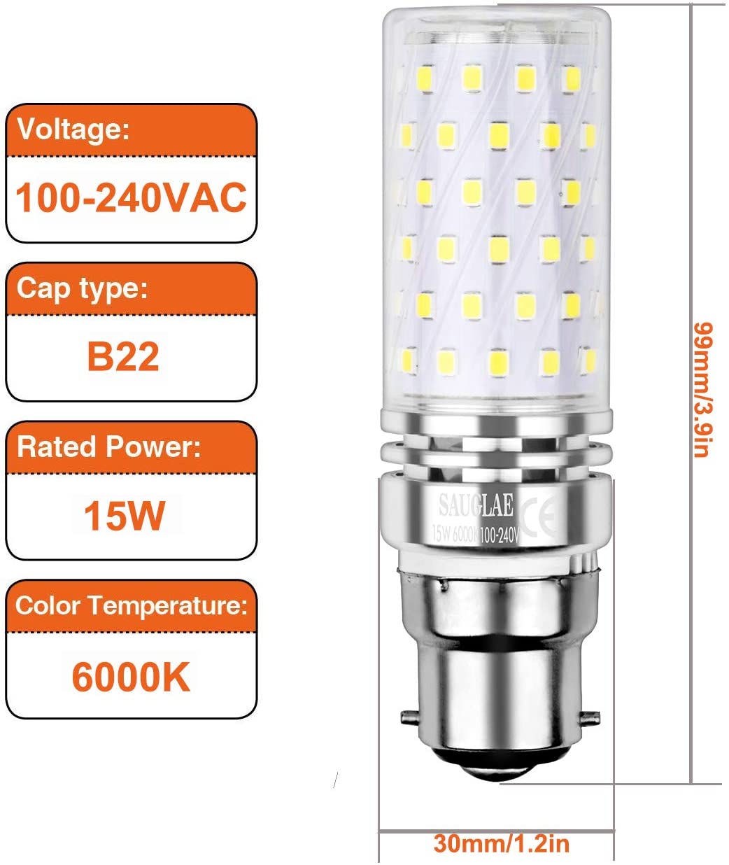 SAUGLAE Led Corn Bulbs 15W, 120W Incandescent Bulbs Equivalent, 6000K Daylight White, 1700Lm, B22 Bayonet Cap Led Light Bulbs - Image 2