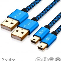 2 x 4m charging cable for PS3 controller, USB to Mini USB cable long, braided cable (braided), gold plated, blue/black