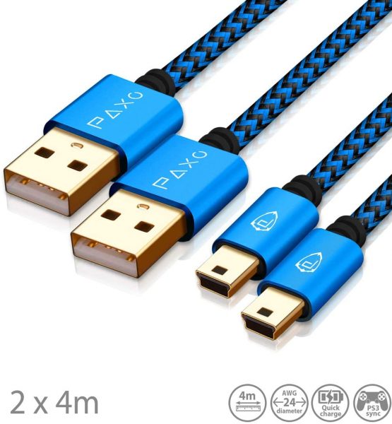 2 x 4m charging cable for PS3 controller, USB to Mini USB cable long, braided cable (braided), gold plated, blue/black