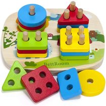 BettRoom Toddler Toys 1 2 3 Years Old Boy And Girl Solid Wooden Toys Preschooler Shape Color Judgment Help To Recognize Geometry Building Blocks Stack Classification Puzzle Children Baby