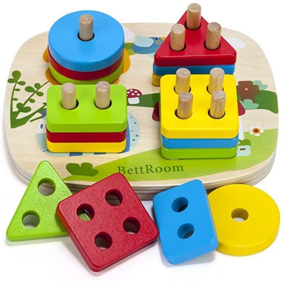 BettRoom Toddler Toys 1 2 3 Years Old Boy And Girl Solid Wooden Toys Preschooler Shape Color Judgment Help To Recognize Geometry Building Blocks Stack Classification Puzzle Children Baby