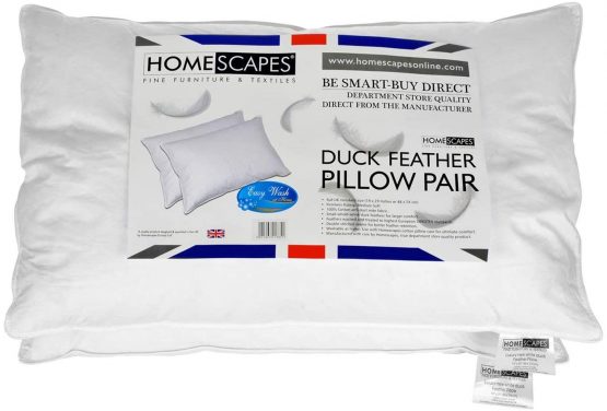 HOMESCAPES - White Duck FEATHER Pillow PAIR - Department Store Quality - Anti Dust Mite - Washable - Medium / Soft Firmness - 100% Cotton Downproof Cover - RDS Certified - Image 2