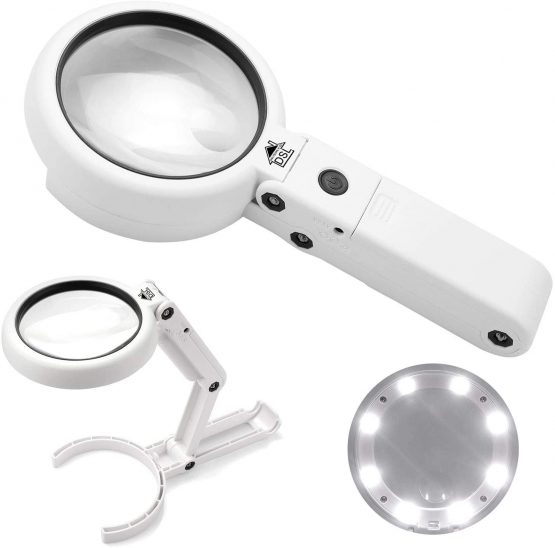 DSL Portable Illuminated Magnifying Glass 5X, 11X Magnification Lens 8 LED Lighted USB Charge Magnifier with Desktop Hand-Held Folding 2 in 1 Upgrade Version