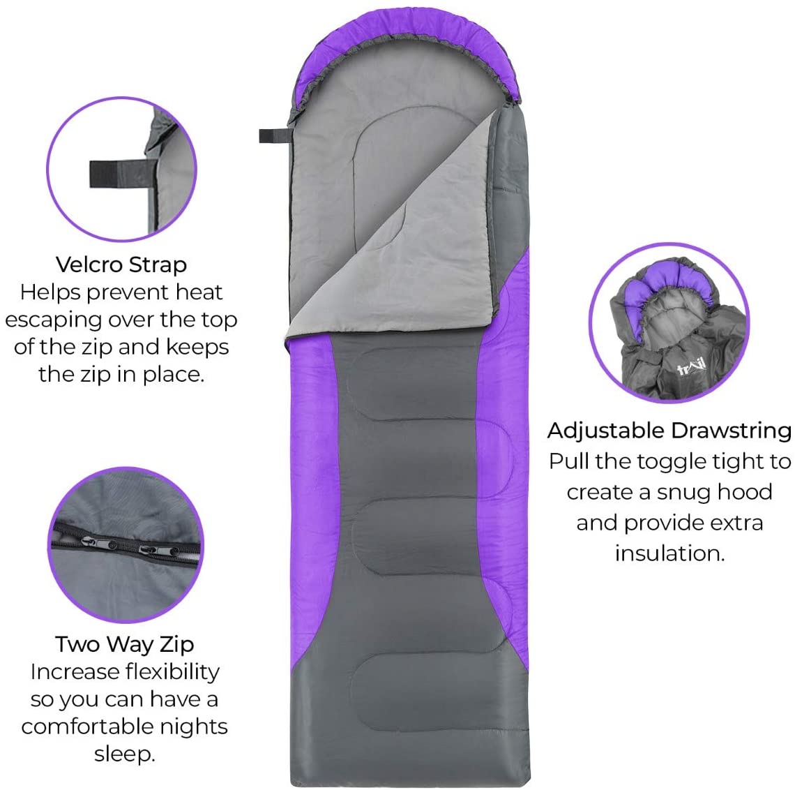 Trail Envelope Sleeping Bag With Snug Hood, Single Adult, 3 Season, Water-Resistant, Lightweight With Compact Bag, Outdoor - Image 3