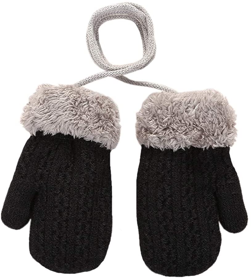 Baby Toddler Cute Winter Thicken Knitted Magic Mittens Gloves with Fleece Lining Insulated Snow Cold Weather Fluffy Mittens with Anti-Lost String for Girls Boys Age 0-4Years Xmas Gift