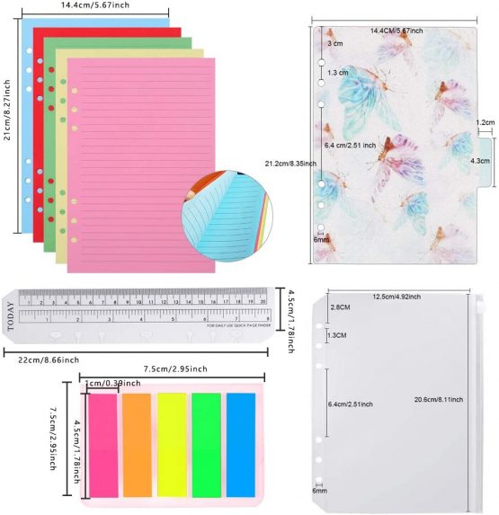 QincLing Refillable A5 Notebook Set，1 Pack 50 Sheets 6 Holes Loose-Leaf Lined Refill Paper, 6 PCS PVC Binder Index Dividers Subject Dividers, Ruler And 125 Pcs Note Flags Index Tabs - Image 2