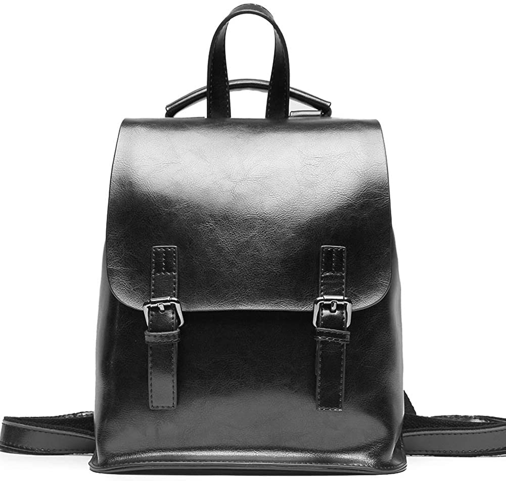 Card Boy Vintage Bright Oil-Wax Leather Backpack Multifunction Purse for Woman School Bag for Girls Fashion Travel Bag - Black
