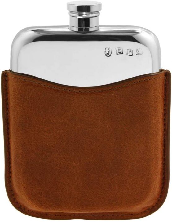English Pewter Company 6oz Pewter Hip Flask with Luxury Brown Leather Pouch [PLF01]