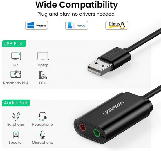 UGREEN USB Sound Card, External Stereo Sound Card USB Aux Adapter USB to 3.5mm Audio Headphone Mic Converter Compatible with PS5/4, MacBook Air/Pro, Raspberry Pi, PC, Windows, Linux and Mac - Image 2