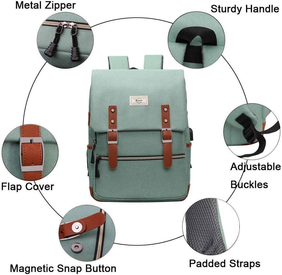 Ronyes College Bag Fits up to 15.6’’ Laptop Casual Rucksack Waterproof Business Travel School Backpack Daypacks with USB Unisex(LightGreen) - Image 3