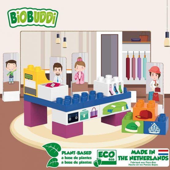 BIOBUDDI BB-0137 Building Fashion Shop Play Set, 19 Blocks, 9 Push-Out Cards, Multi-Coloured - Image 4