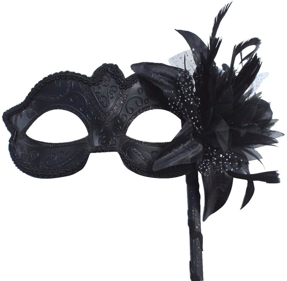 VENETIAN MASQUERADE PARTY EYE MASK WITH FLOWER ON A STICK MIDNIGHT BLACK, 8cm Exc Stick