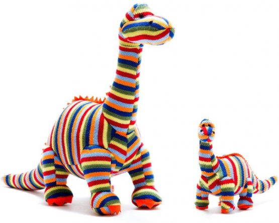 Small Knitted Multi Striped Diplodocus Dinosaur Baby Rattle. Suitable from Birth - Image 3