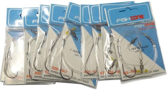 Fishzone RIG PRO SERIES - 1 Hook PULLEY RIG Size 5/0 x 10 Packs of Single Type Commercial Quality - Single Hook - PULLEY Ready Tied Rigs - Ideal for Sea Surf Casting Fishing (80lb Main - 50lb Snood)