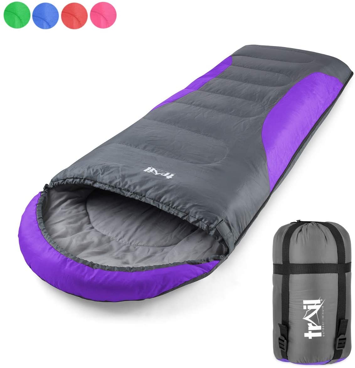 Trail Envelope Sleeping Bag With Snug Hood, Single Adult, 3 Season, Water-Resistant, Lightweight With Compact Bag, Outdoor