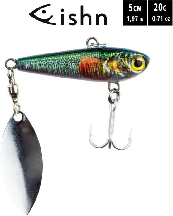 FISHN REALSPINNY spinner bait, jig, weight: 20g, size: 5cm, spinner blade: 3,8cm, artificial bait, for spin fishing for predatory fish such as pike, perch, trout, pike-perch