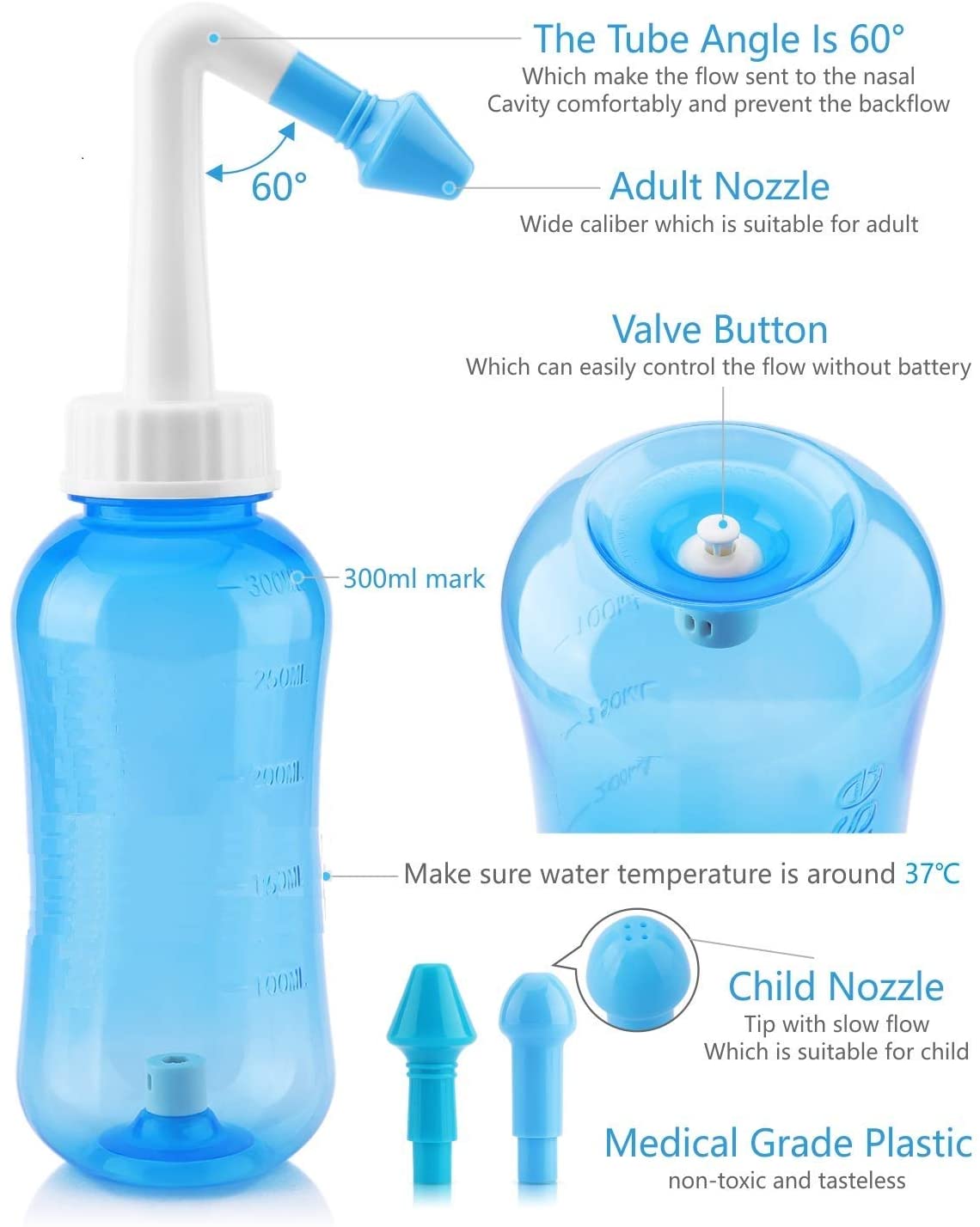 Neti Pot Sinus Rinse Bottle Nose Wash Cleaner Pressure Rinse Nasal Irrigation for Adult & Kid BPA Free 300 ML with 40 Nasal Wash Salt Packets (40 Packs) - Image 2